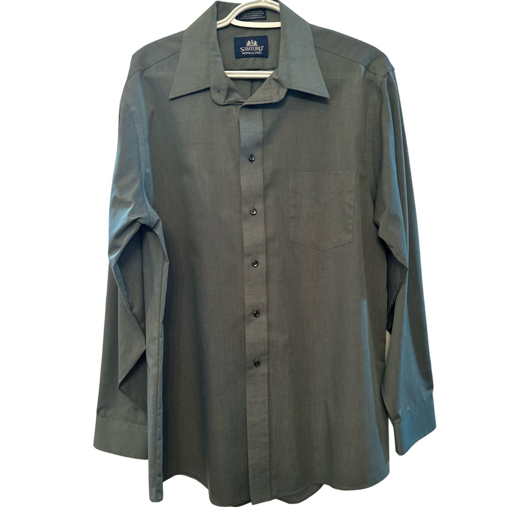 Stafford Mens Wrinkle Free Green Long Sleeve Button Up Dress Shirt Size 16 34/35